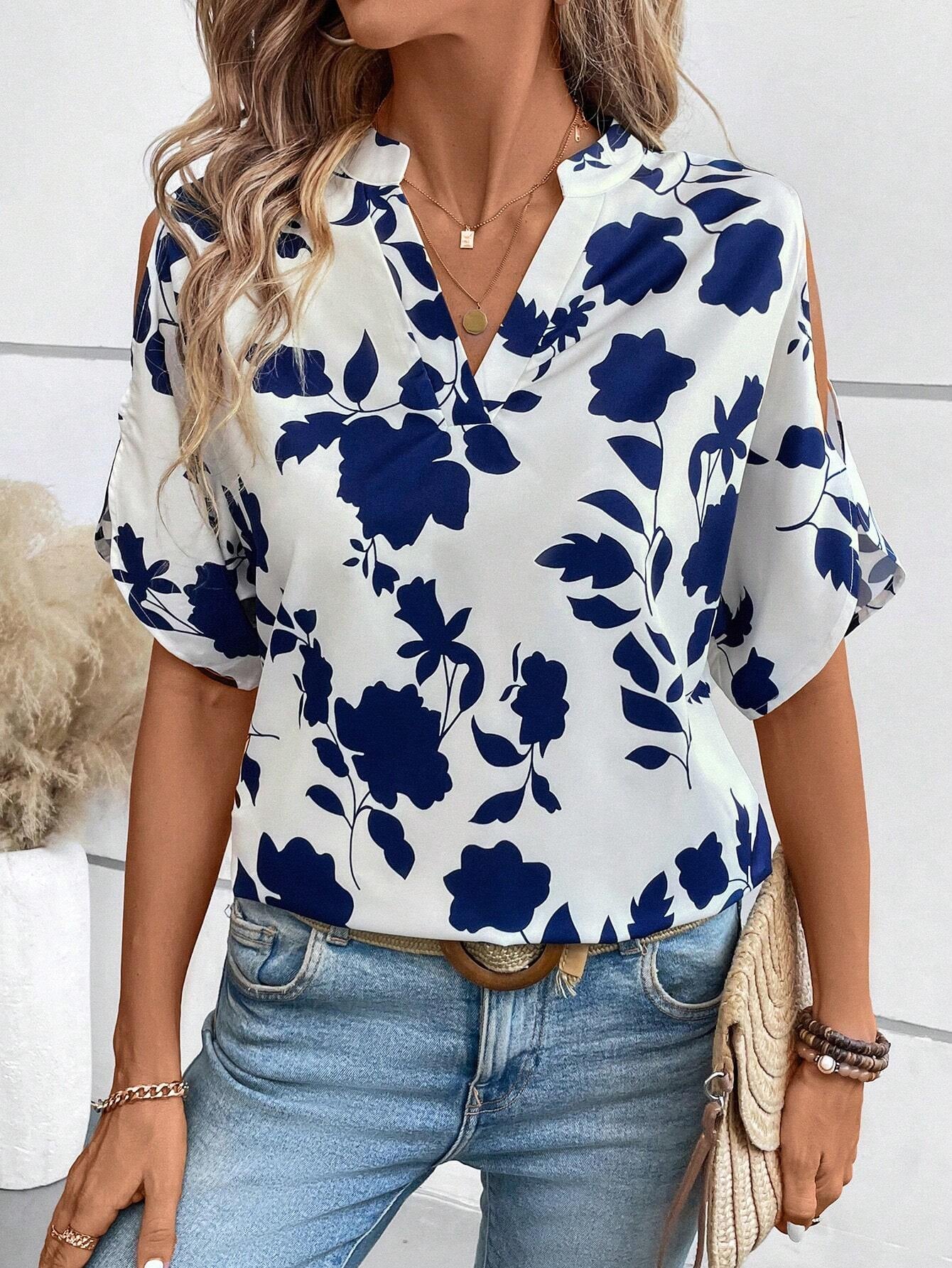 LUNE Solid Cold Shoulder Split Sleeve Popover Blouse