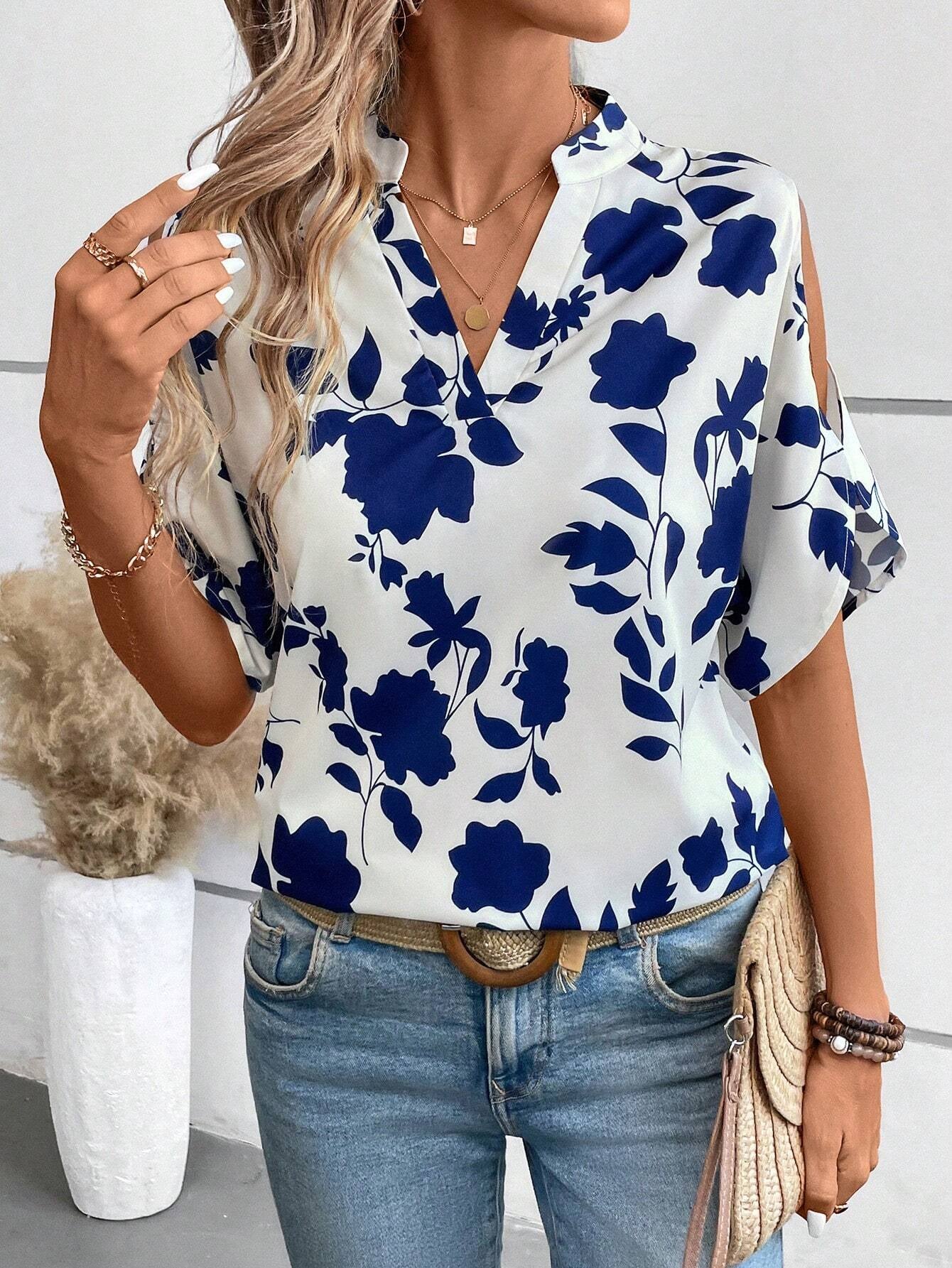 LUNE Solid Cold Shoulder Split Sleeve Popover Blouse