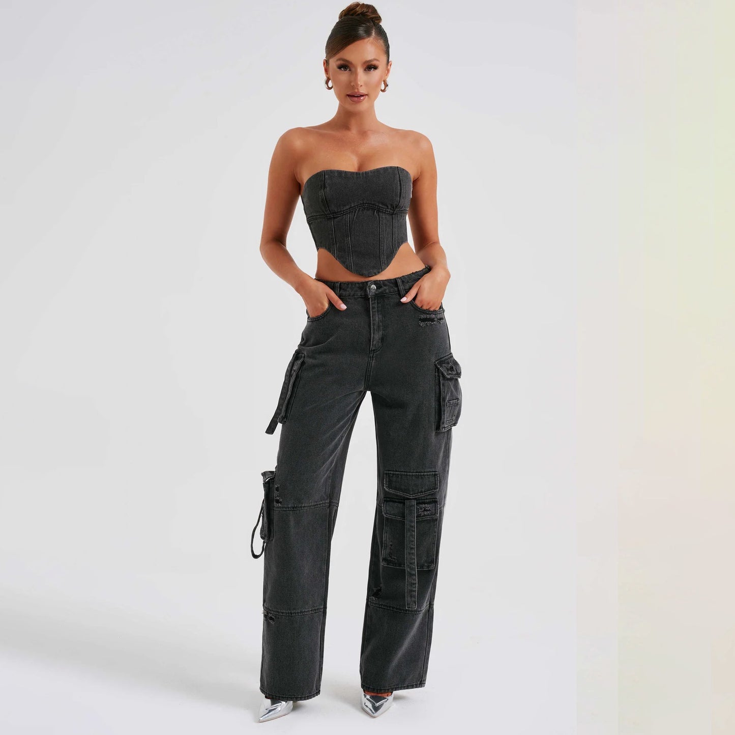 Women'S Suit Low Waist Three-Dimensional Tube Top and Pocket Stitching Jeans Pants