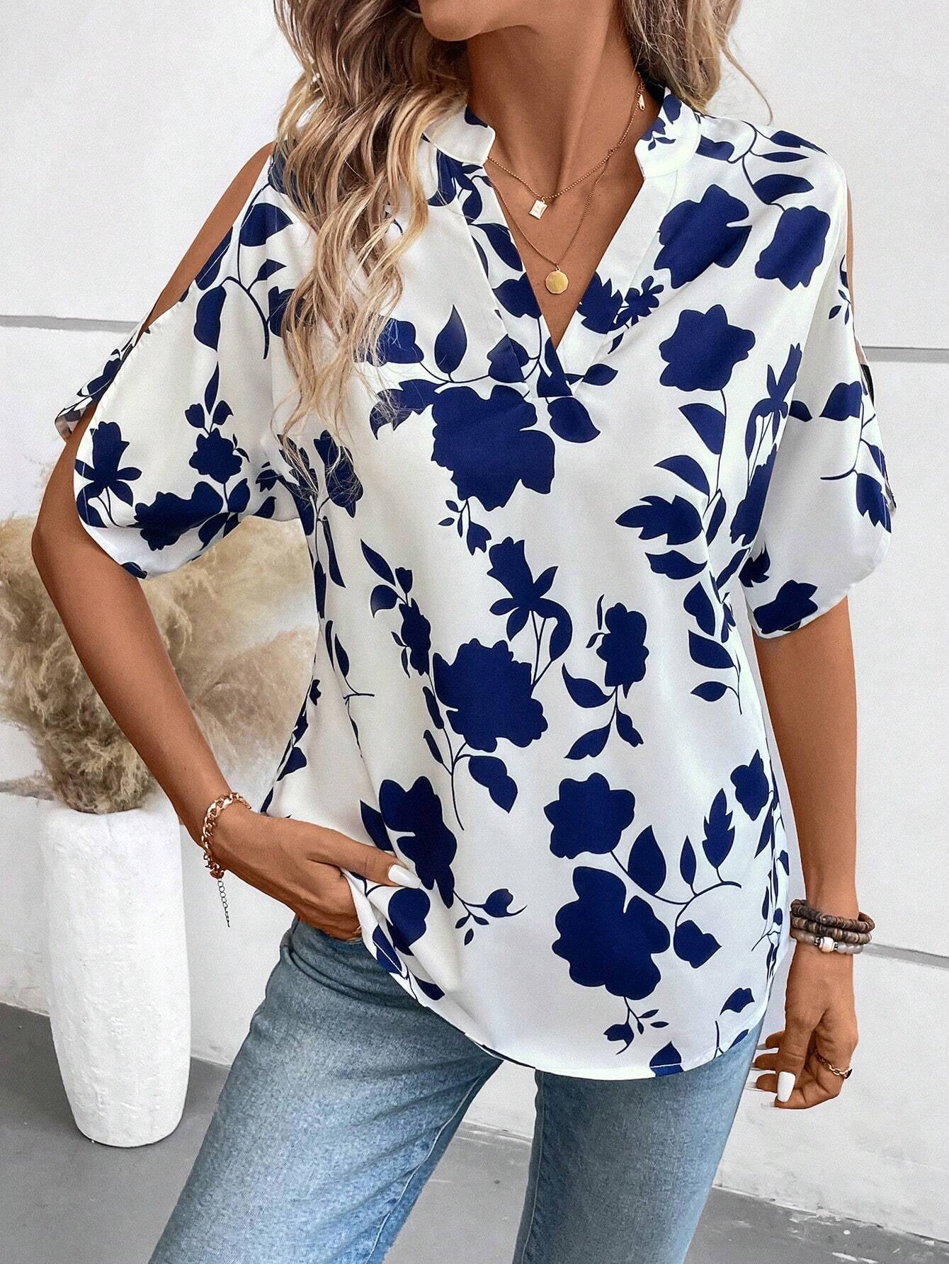 LUNE Solid Cold Shoulder Split Sleeve Popover Blouse