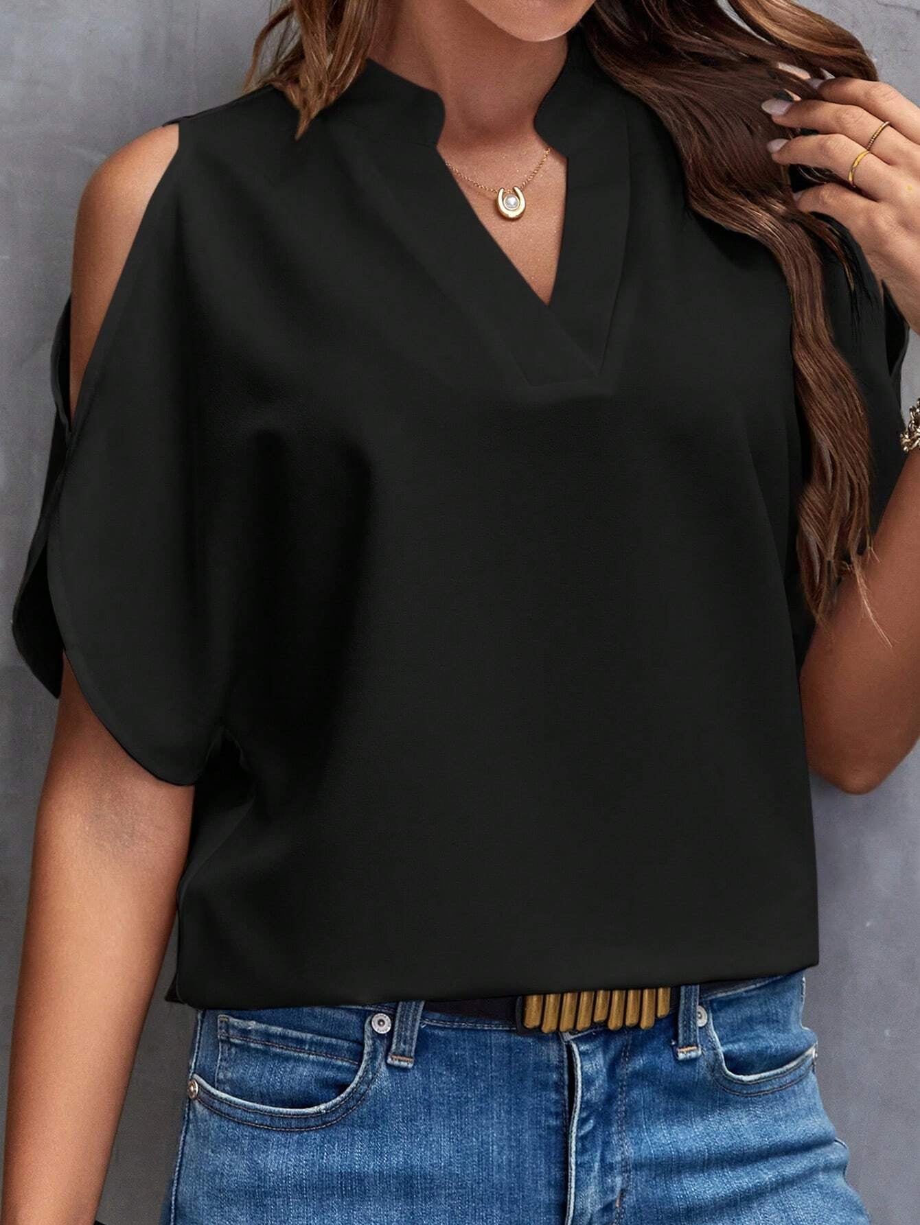 LUNE Solid Cold Shoulder Split Sleeve Popover Blouse