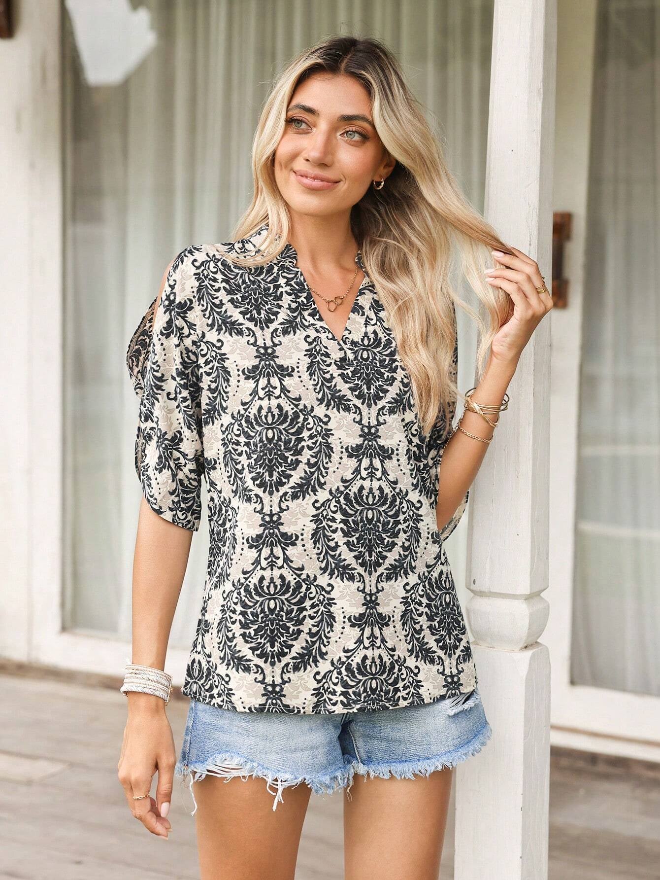 LUNE Solid Cold Shoulder Split Sleeve Popover Blouse