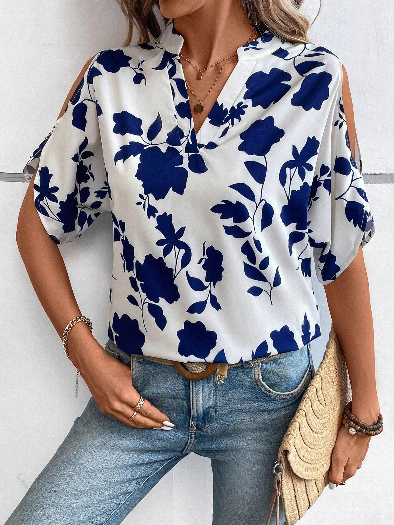 LUNE Solid Cold Shoulder Split Sleeve Popover Blouse