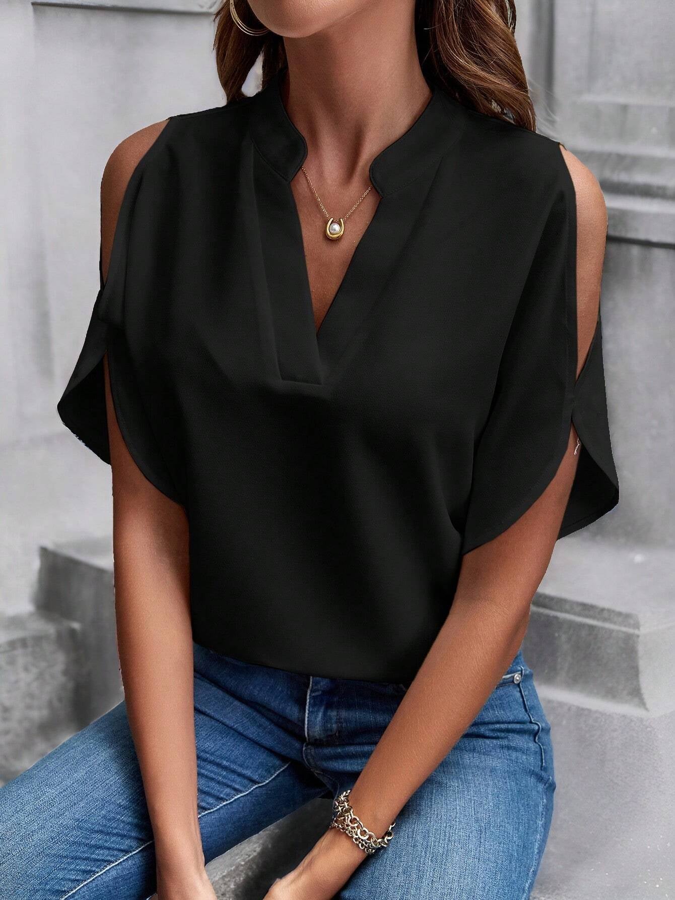 LUNE Solid Cold Shoulder Split Sleeve Popover Blouse